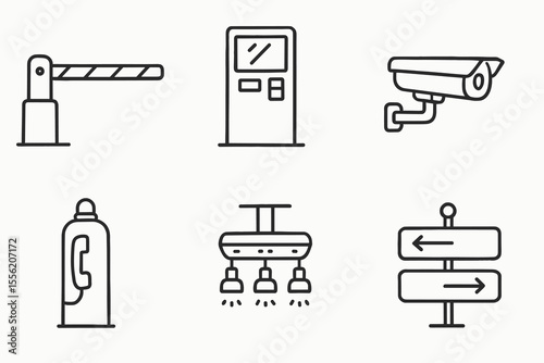 Vector icons: barrier, fuel pump, cctv camera, fire extinguisher, ceiling lights, signpost