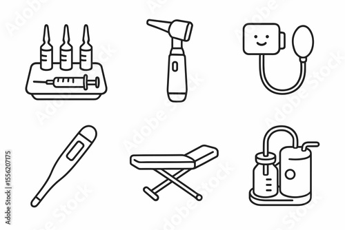 Medical tools icons - thermometer, syringe, otoscope, hospital bed, blood pressure monitor
