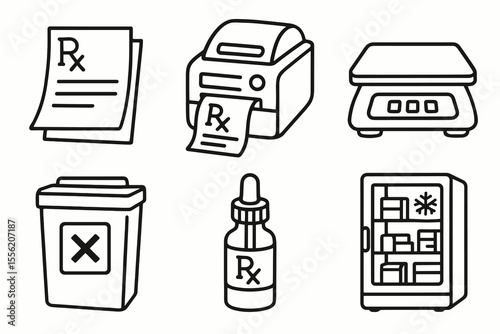 Outline icons: prescription, printer, scale, disposal bin, medicine dropper, medical fridge