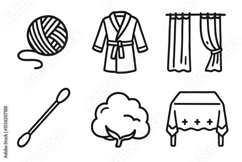 Hand-drawn icons of yarn, bathrobe, curtains, cotton swab, cotton plant, tablecloth