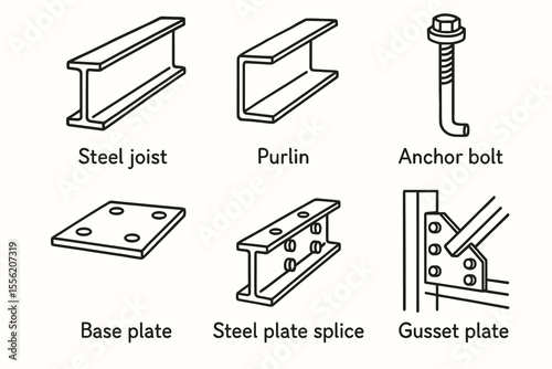 Steel structural elements: joist, purlin, anchor bolt, base plate, steel plate splice, gusset plate diagrams