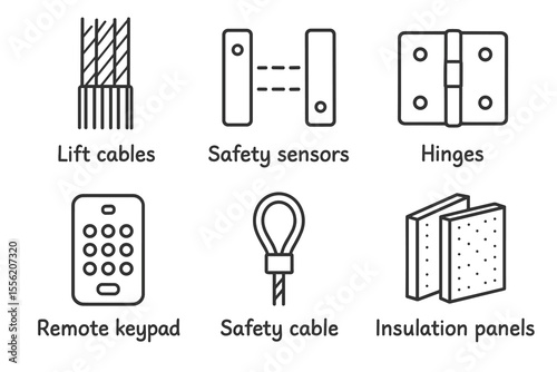Elevator components icons: lift cables, safety sensors, hinges, keypad, cable, insulation panels