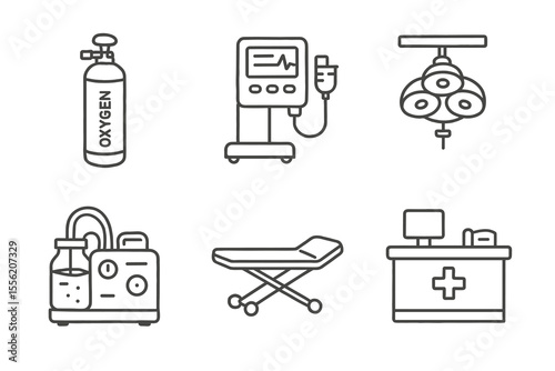 Medical equipment icons set with oxygen tank, ecg monitor, surgical light, suction machine, hospital bed, reception desk