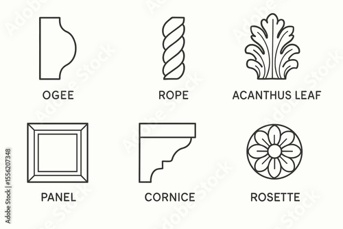 Architectural molding designs: ogee, rope, acanthus leaf, panel, cornice, rosette