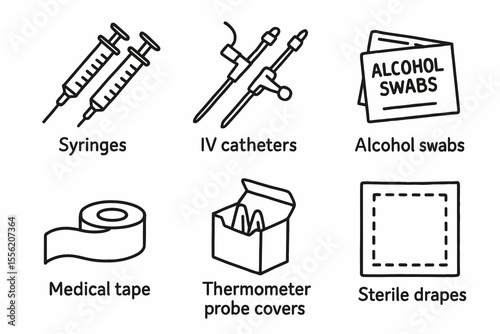 Medical supplies icons: syringes, iv catheters, alcohol swabs, medical tape, probe covers, sterile drapes