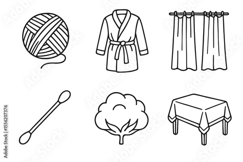 Line art of household items: yarn, robe, curtains, cotton swab, broccoli, tablecloth