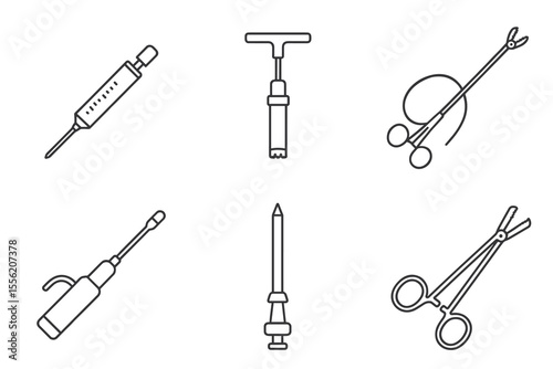 Vector set of surgical instruments: syringe, retractor, forceps, and scissors
