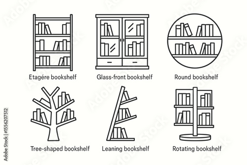 Various bookshelf designs: etagere, glass-front, round, tree-shaped, leaning, rotating