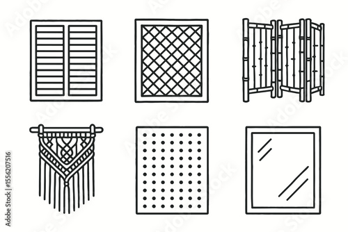 Set of window shutters, grilles, blinds, tapestry, dotted panel, and mirror