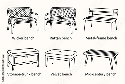 Illustrations of wicker, rattan, metal, storage, velvet, mid-century benches