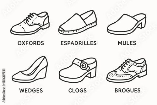 Illustration of six types of shoes: oxfords, espadrilles, mules, wedges, clogs, brogues