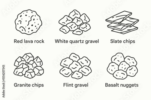 Illustrated collection of various gravel and rock types: lava, quartz, slate, granite, flint, basalt