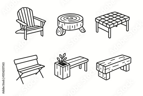 Hand-drawn outdoor furniture collection: chairs, stools, benches, tables