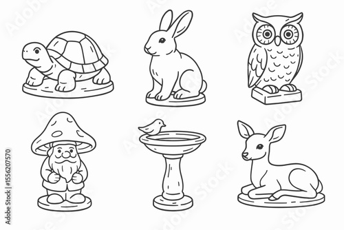 Set of classic garden statues: turtle, rabbit, owl, gnome, bird, deer