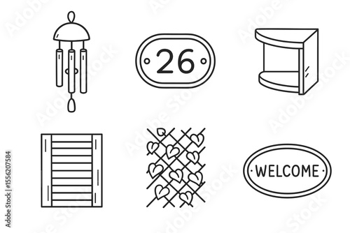 Home decor elements: wind chime, house number, shelf, shutter, heart fence, welcome sign