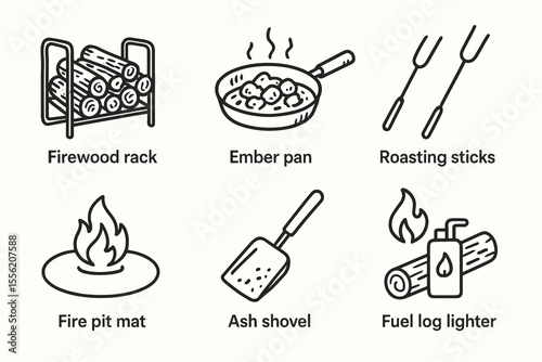 Firewood rack, ember pan, roasting sticks, fire pit mat, ash shovel, fuel log lighter