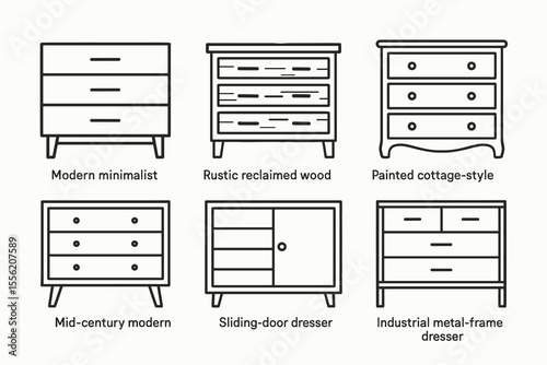 Variety of dressers: modern, rustic, cottage, mid-century, sliding-door, industrial styles