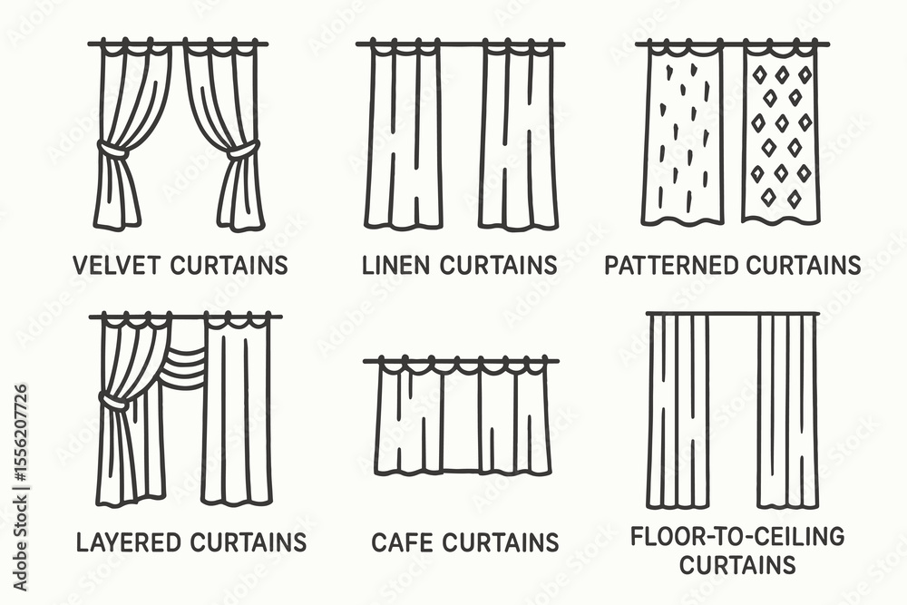 Obraz premium Different types of curtains: velvet, linen, patterned, layered, cafe, floor-to-ceiling