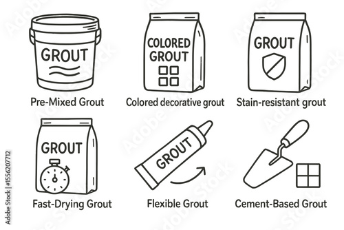 Various types of grout: pre-mixed, colored, stain-resistant, fast-drying, flexible, cement-based