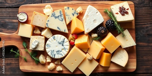 Rustic wooden cutting board overflowing with assorted cheeses,  still life,   provolone