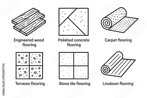 Types of flooring: wood, concrete, carpet, terrazzo, stone, linoleum