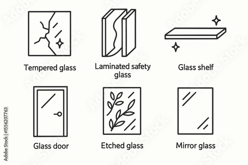 Tempered glass, laminated safety glass, glass shelf, glass door, etched glass, mirror glass icons