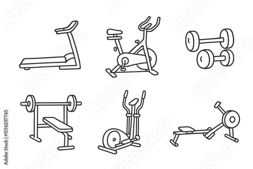 Black and white gym equipment icons - treadmill, bike, weights, bench, elliptical