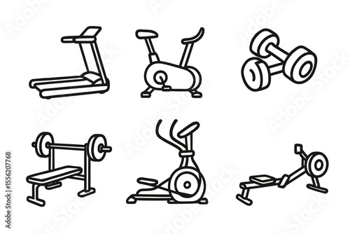 Outline of gym equipment icons including treadmill, dumbbells, and bike