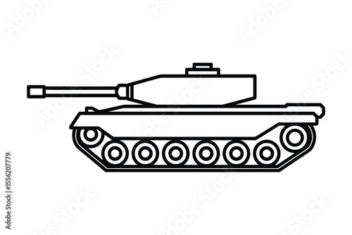 Simple black outline drawing of a modern military tank on a white background