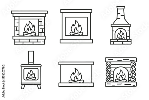 Collection of fireplace line art designs: brick, wood, modern, stove, chimney styles