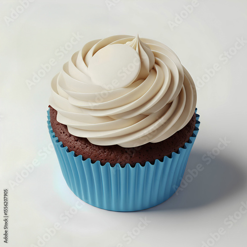 Cupcake de chocolate dentro de forminha azul de papel com cobertura de chantilly branca com espaço circular em branco para mensagem de festa, aniversário ou comemoração