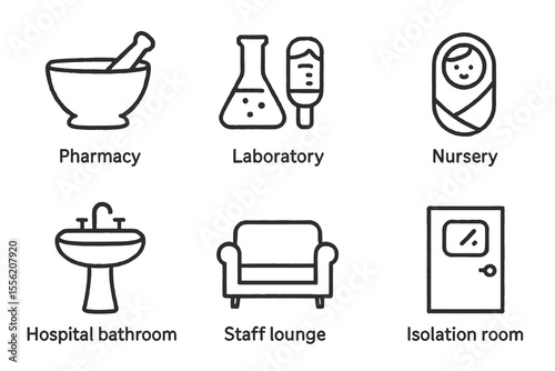 Healthcare facility icons: pharmacy, laboratory, nursery, hospital bathroom, staff lounge, isolation room