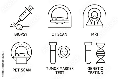 Medical diagnostic icons: biopsy, ct scan, mri, pet scan, tumor marker test, genetic testing
