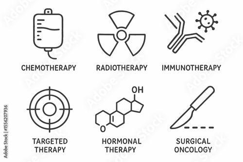 Cancer treatment icons: chemotherapy, radiotherapy, immunotherapy, targeted therapy, hormonal therapy, surgical oncology