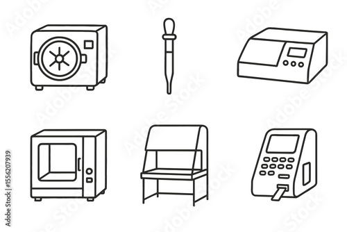 Laboratory equipment icons: safe, pipette, machine, oven, hood, reader