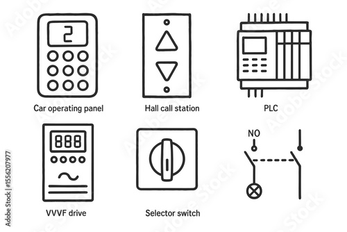 Car operating panel, hall call station, plc, vvvf drive, selector switch, no switch diagram