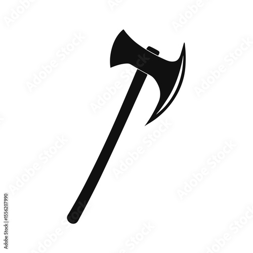 Black and white illustration of a battle axe, simple bold medieval weapon graphic, perfect for games or historical projects, minimalist strong image