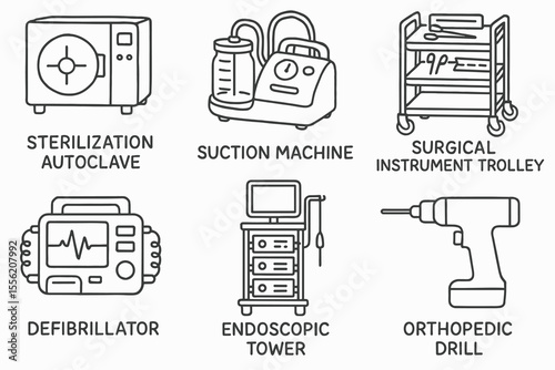 Medical equipment icons: autoclave, suction machine, instrument trolley, defibrillator, endoscopic tower, orthopedic drill
