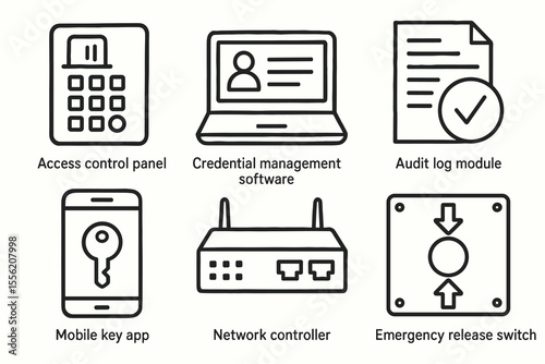 Access control system icons: panel, software, log, app, controller, switch