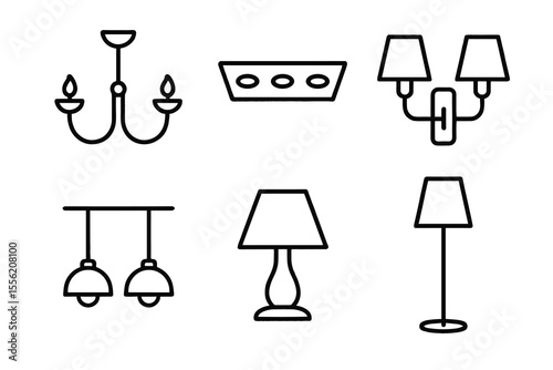 Various lamp and light fixture icons in simple black outline design