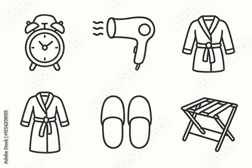 Line art icons of alarm clock hairdryer bathrobe slippers luggage rack