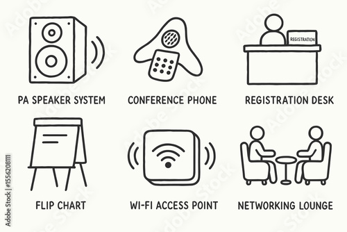 Conference essentials icons: speaker, phone, registration desk, flip chart, wi-fi, lounge