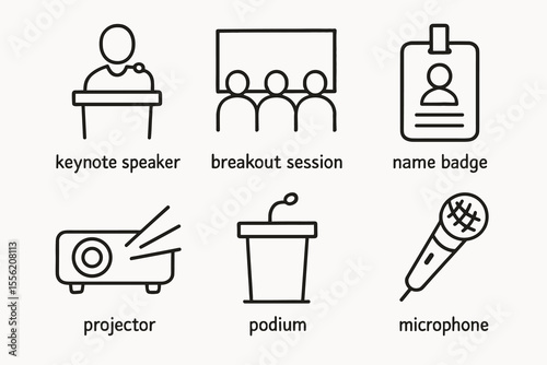 Conference icons including keynote speaker, breakout session, name badge, projector, podium, microphone