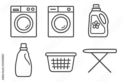 Laundry essentials icons: washer, dryer, detergents, basket, ironing board