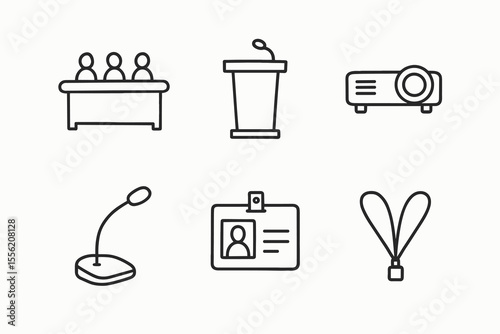 Conference symbols: podium, microphone, projector, badge icons