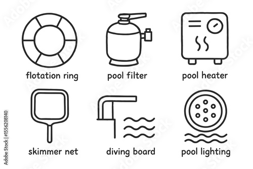 Black and white pool equipment icons: flotation ring, filter, heater, skimmer, diving board, lighting