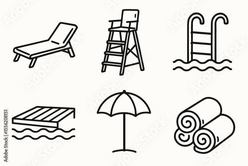 Poolside icons: lounge chair, lifeguard stand, ladder, dock, umbrella, beach towels