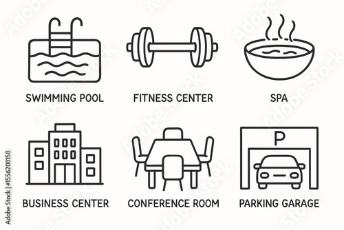 Icon set: swimming pool, fitness center, spa, business center, conference room, parking garage