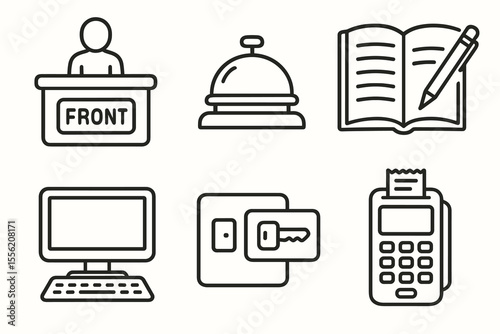 Hotel services icons: reception bell, open book, identification, computer, key card, payment terminal