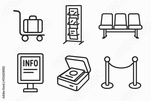 Airport icon set - luggage, brochures, seating, information, security scanner, barrier